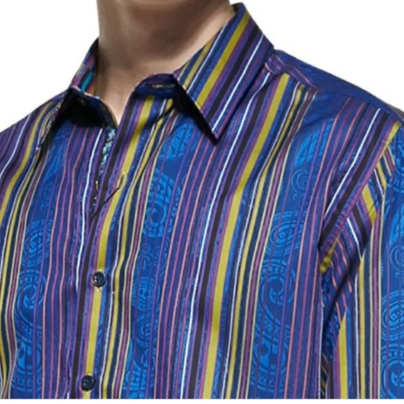 Robert Graham Shirt Blue Yellow Striped Paisley Abstract Flip Cuff Men's Sz L - Picture 3 of 11